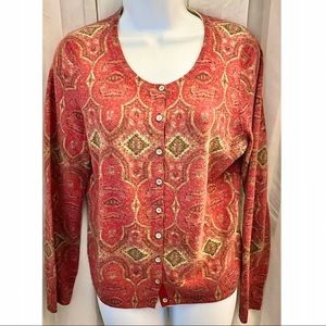 Lucky Brand Boho All Seeing Eye Print Wool Blend Red Orange Tan Button Cardigan